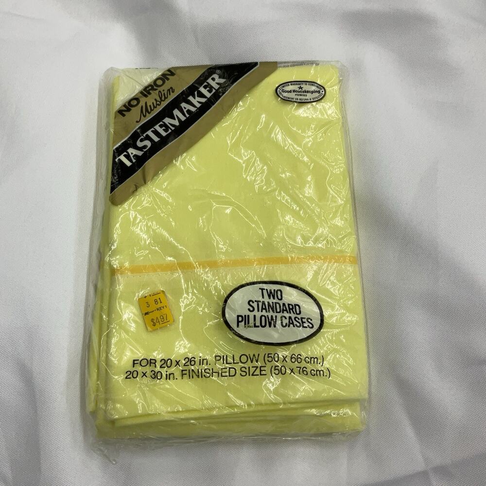 Tastemaker Vintage Kmart No Iron Muslin Yellow Two Standard Pillow Cases NEW NOS